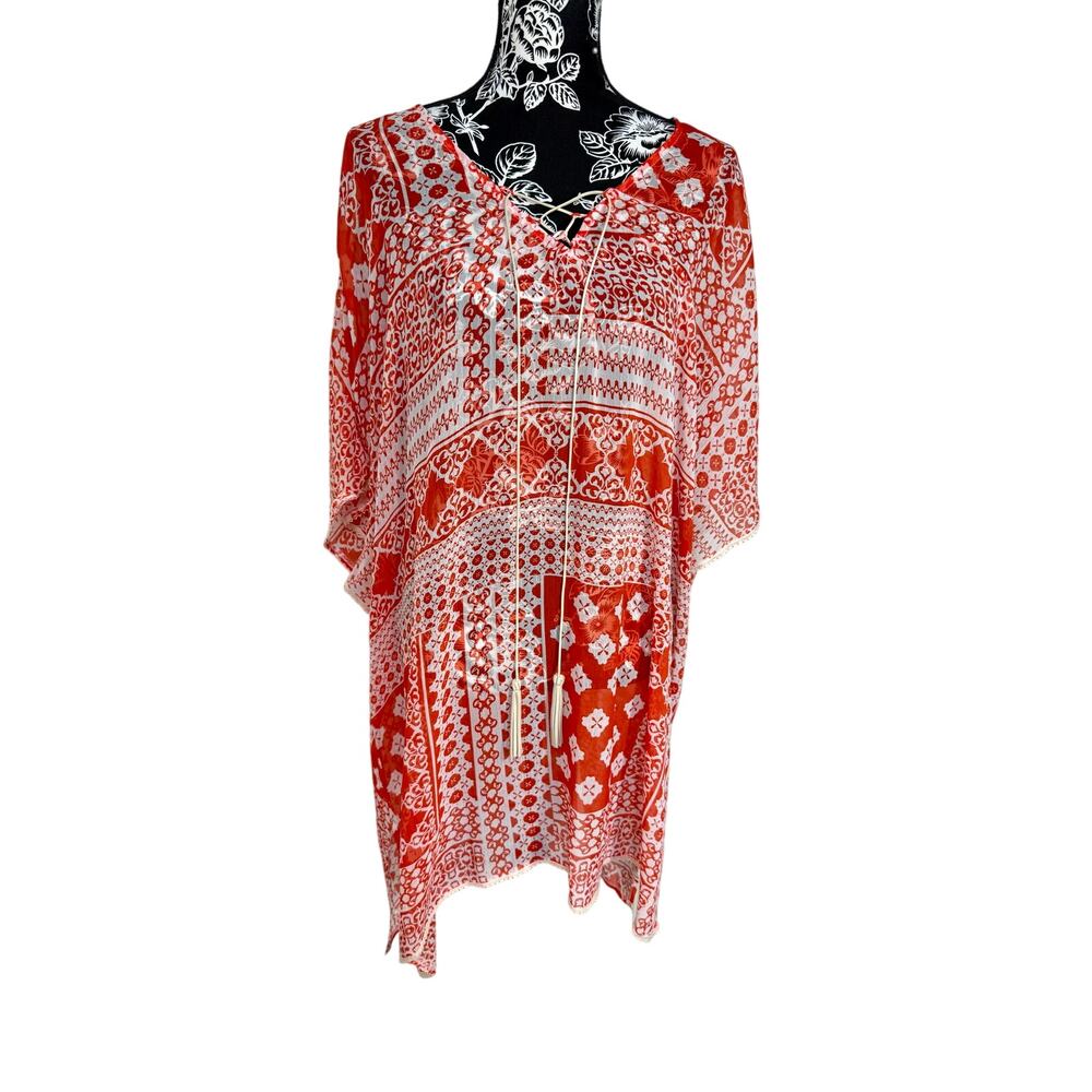 Democracy Boho Modern Print Orange Swim Kimono Tunic Blouse  Size 2X